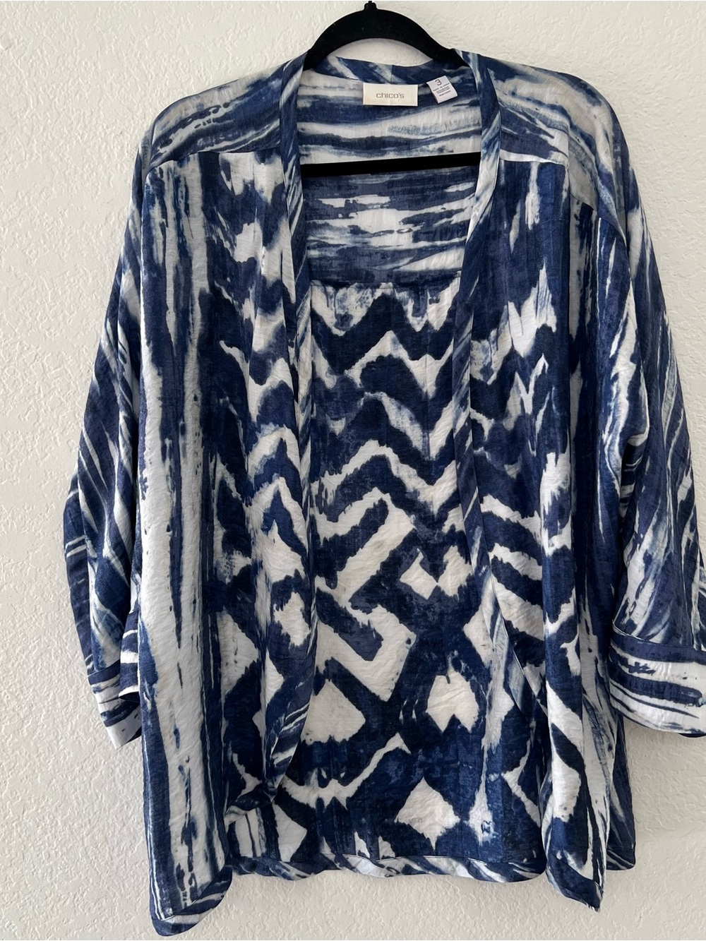 Chico’s Women’s Size XL 3 Blue Tie Dye Open Front Cardigan Lightweight Kimono